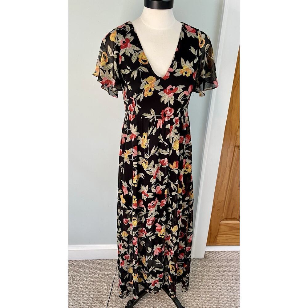 Vtg Black Dark Floral Print Midi Dress SZ SM Fairy Grunge Y2K Event